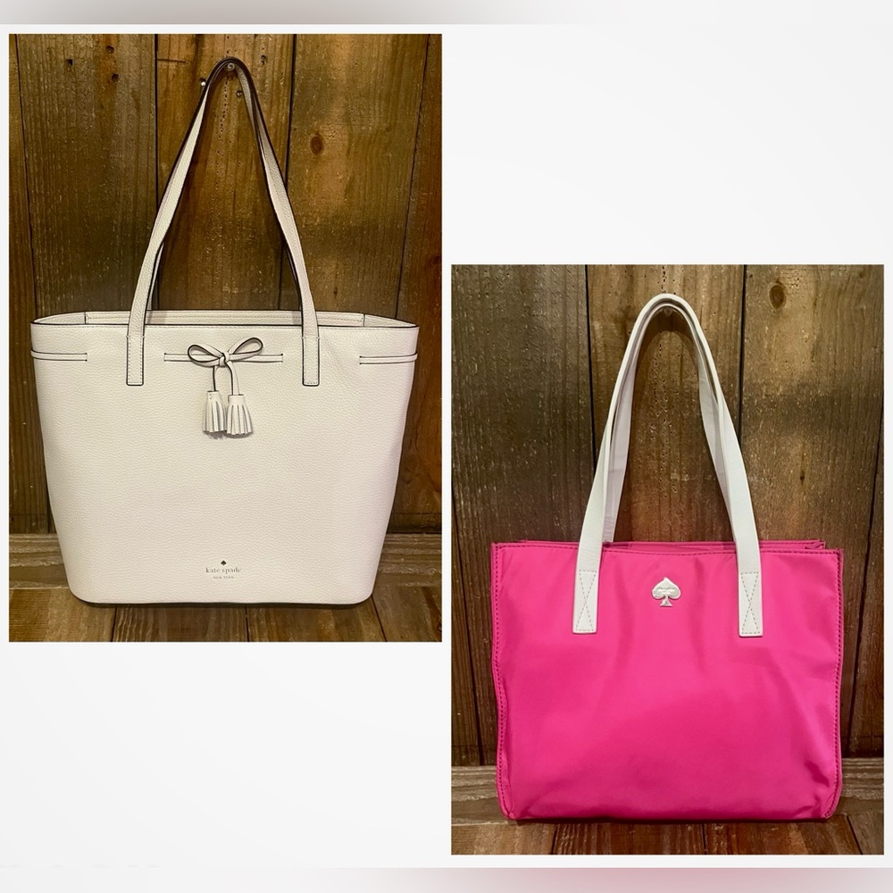 Kate Spade. Set of 2: White Leather Hayes Tote and Pink Nylon Elise Tote. - Picture 16 of 16